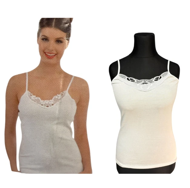 Damen Unterhemd 2er-Pack mit Spitze — Spaghettiträger Baumwolle Weiß Gr. 36–58