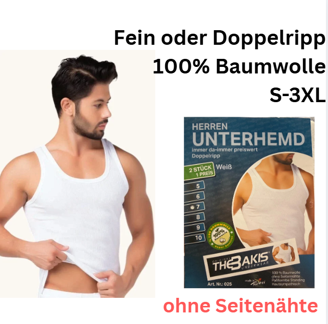Herren Unterhemd 2er-Pack Doppelripp 100% Baumwolle Weiß — S–3XL