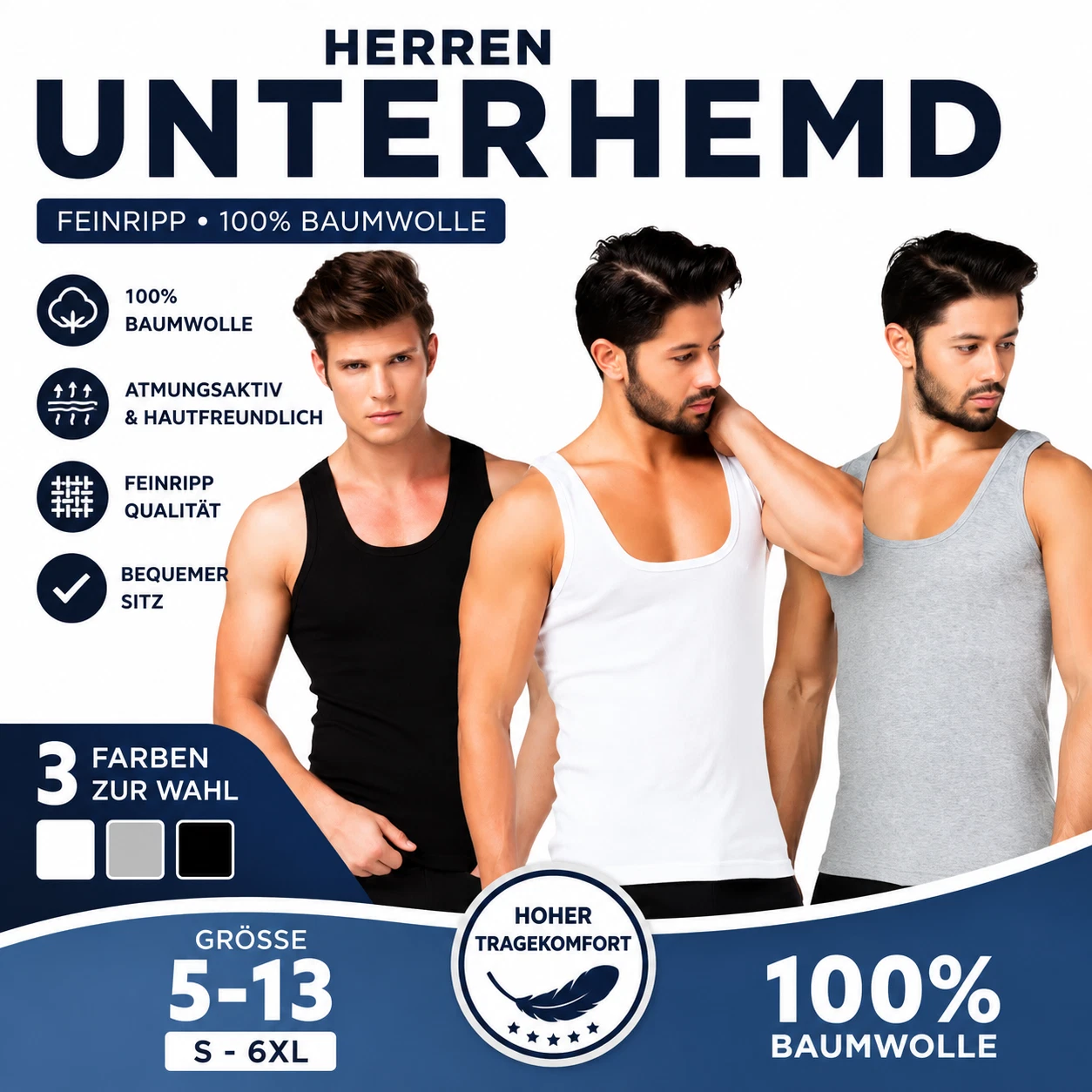 Teilen Herren Unterhemd Feinripp 100% Baumwolle Achselhemd Tanktop Gr. 5-13 S-6XL