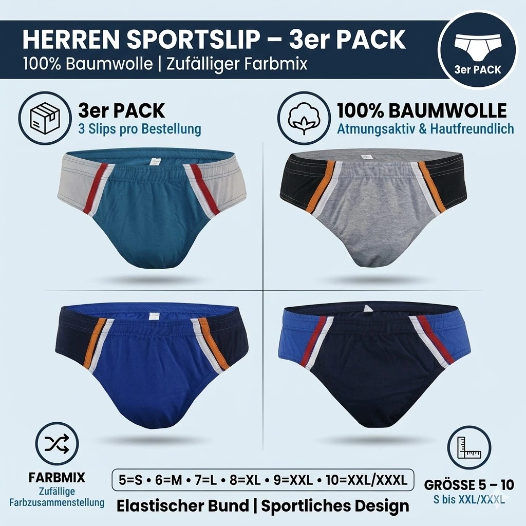 Herren Sportslip Unterhose Slip 100% Baumwolle 3-er Pack, Größe 5-10 S-3XL