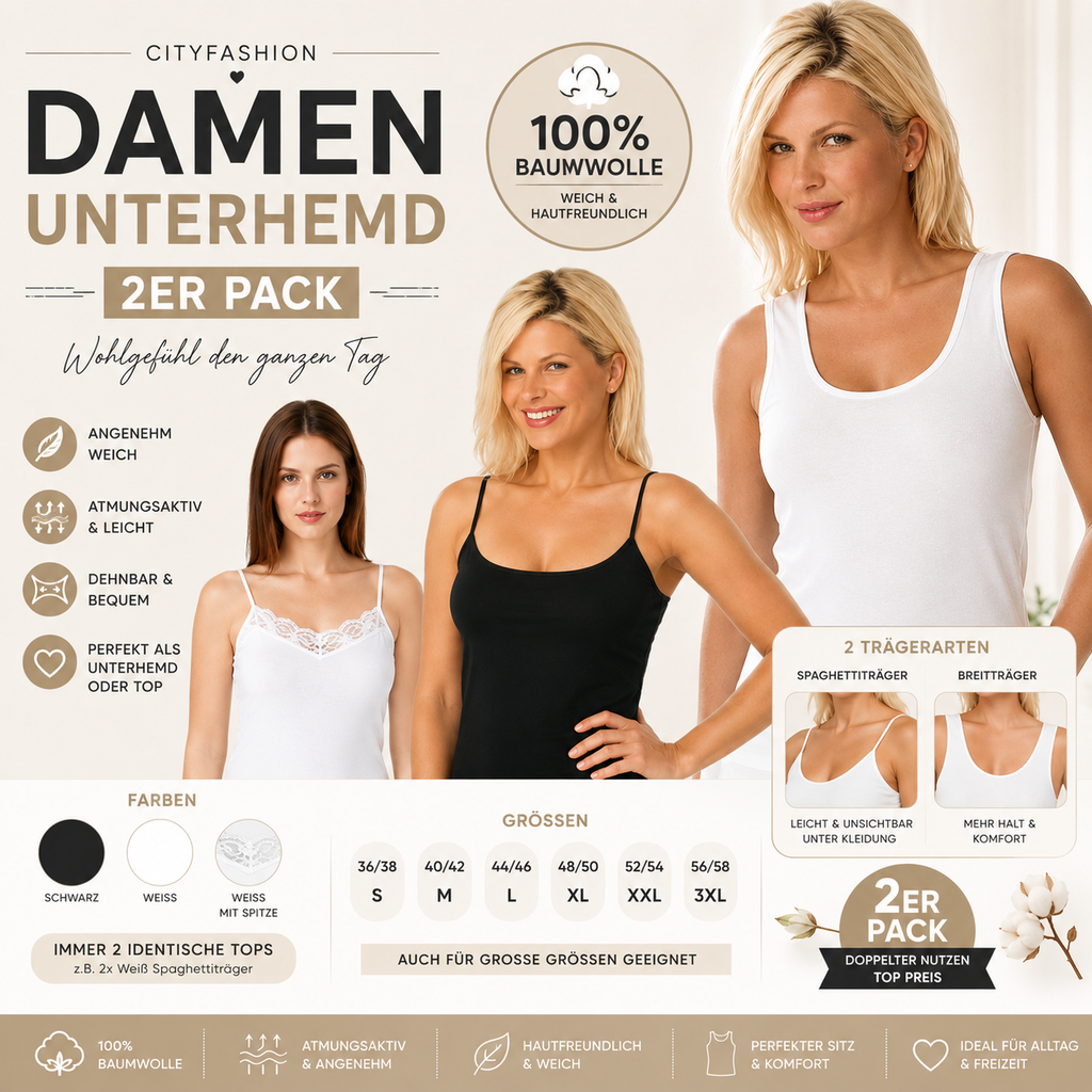 2er Pack Damen Unterhemd Baumwolle Top Spaghettiträger/Breitträger 36-58 S-3XL