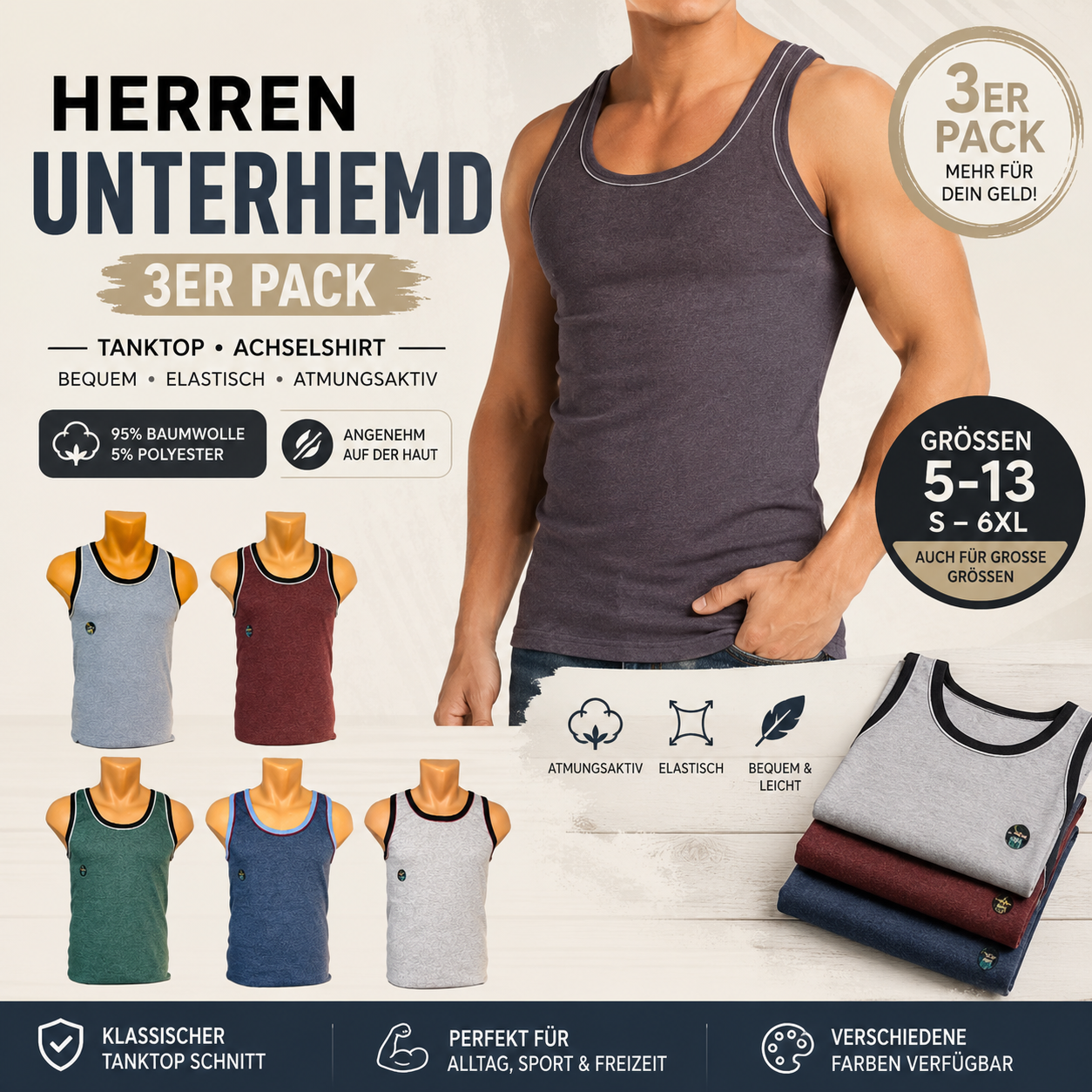 Herren Unterhemd Tanktop 3er-Pack Baumwolle — Achselshirt S–6XL