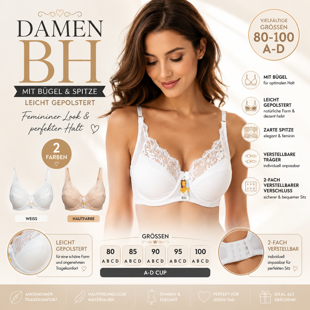 Damen BH mit Bügel & Spitze — Soft-BH 80–100 A–D