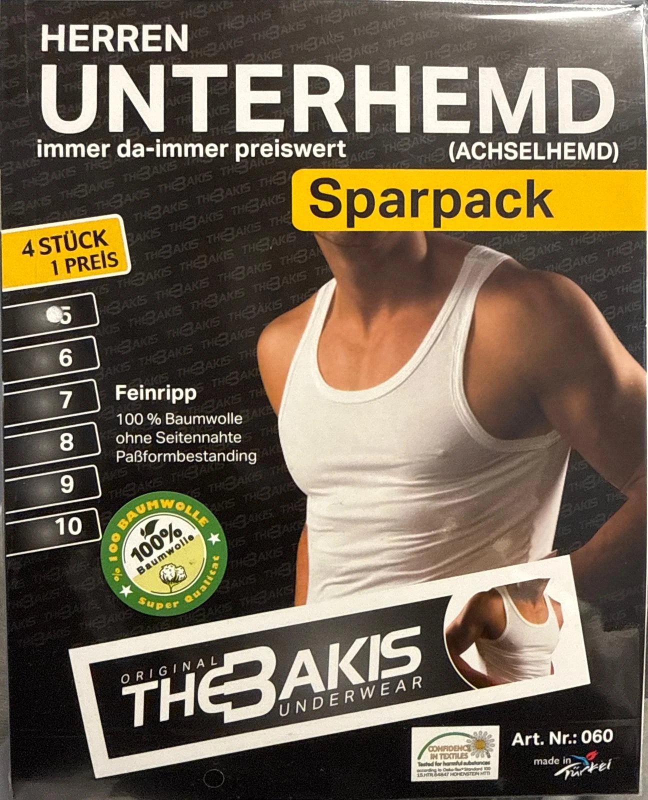 Herren Unterhemd 4er-Pack Baumwolle Feinripp — Weiß Schwarz Grau S–3XL
