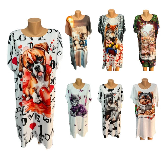 Damen Nachthemd Kurzarm Tiermotiv — Viskose One Size