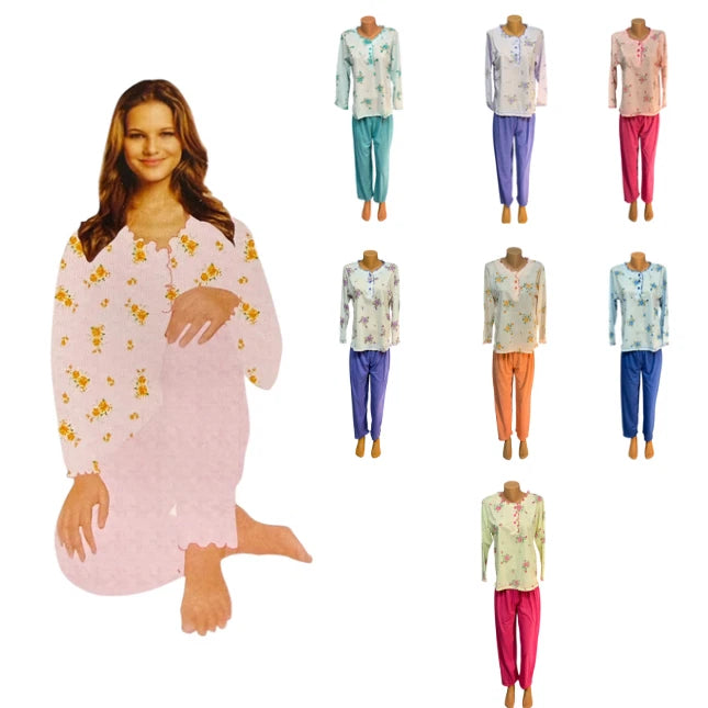 Damen Schlafanzug Pyjama Set Baumwolle Langarm