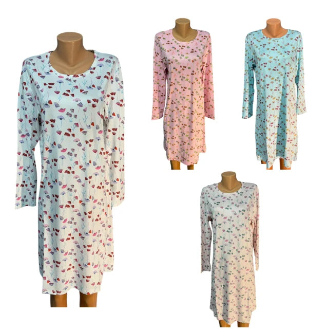 Damen Nachthemd Baumwolle Langarm — Blumenmuster M bis 2XL