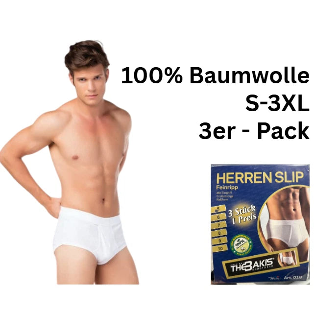 Herren Slip 3er-Pack Weiß Baumwolle Feinripp — mit Eingriff S–3XL